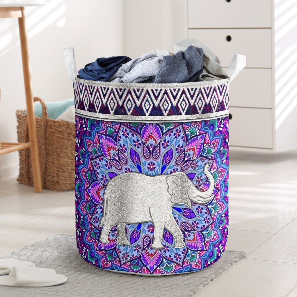 Elephant Vignette Silver Mandala Basket All Over Print Toy Clothes Storage Basket Dirty Clothes Basket