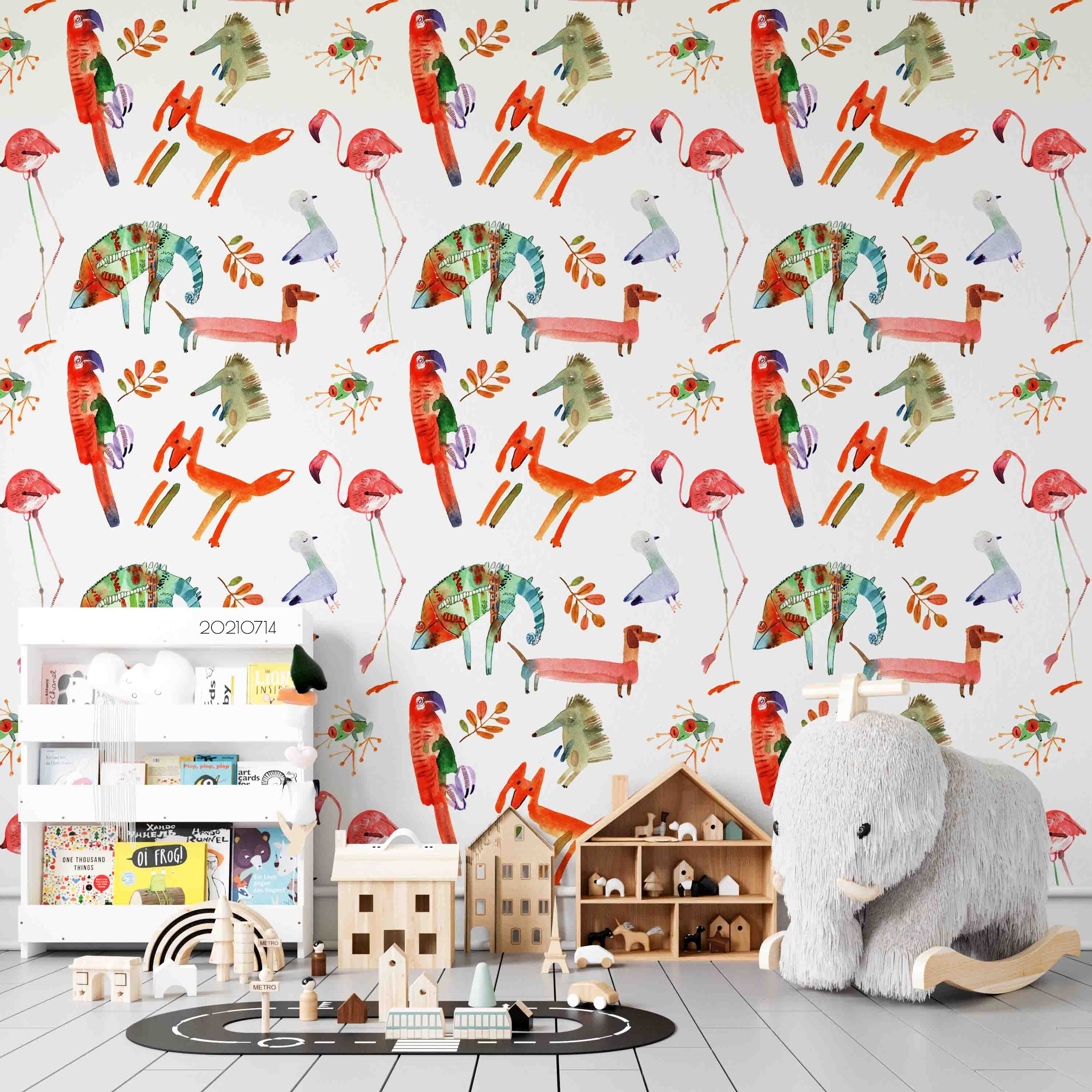 3D Hand Drawn Animal Fox Flamingo Lizard Wall Mural Wallpaper Lqh 163