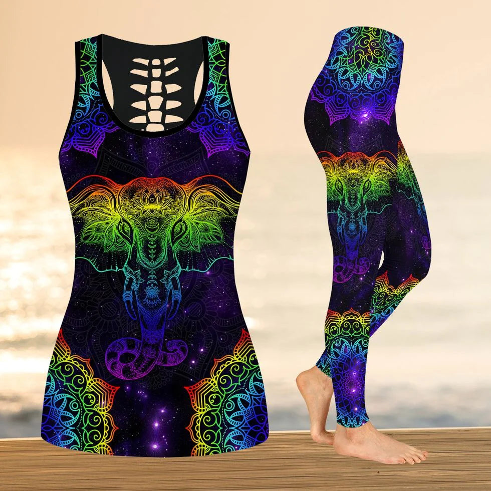 Elephants Mandala Set Hollow Tank Top & Legging, Women’S Leggings For Running Yoga Training