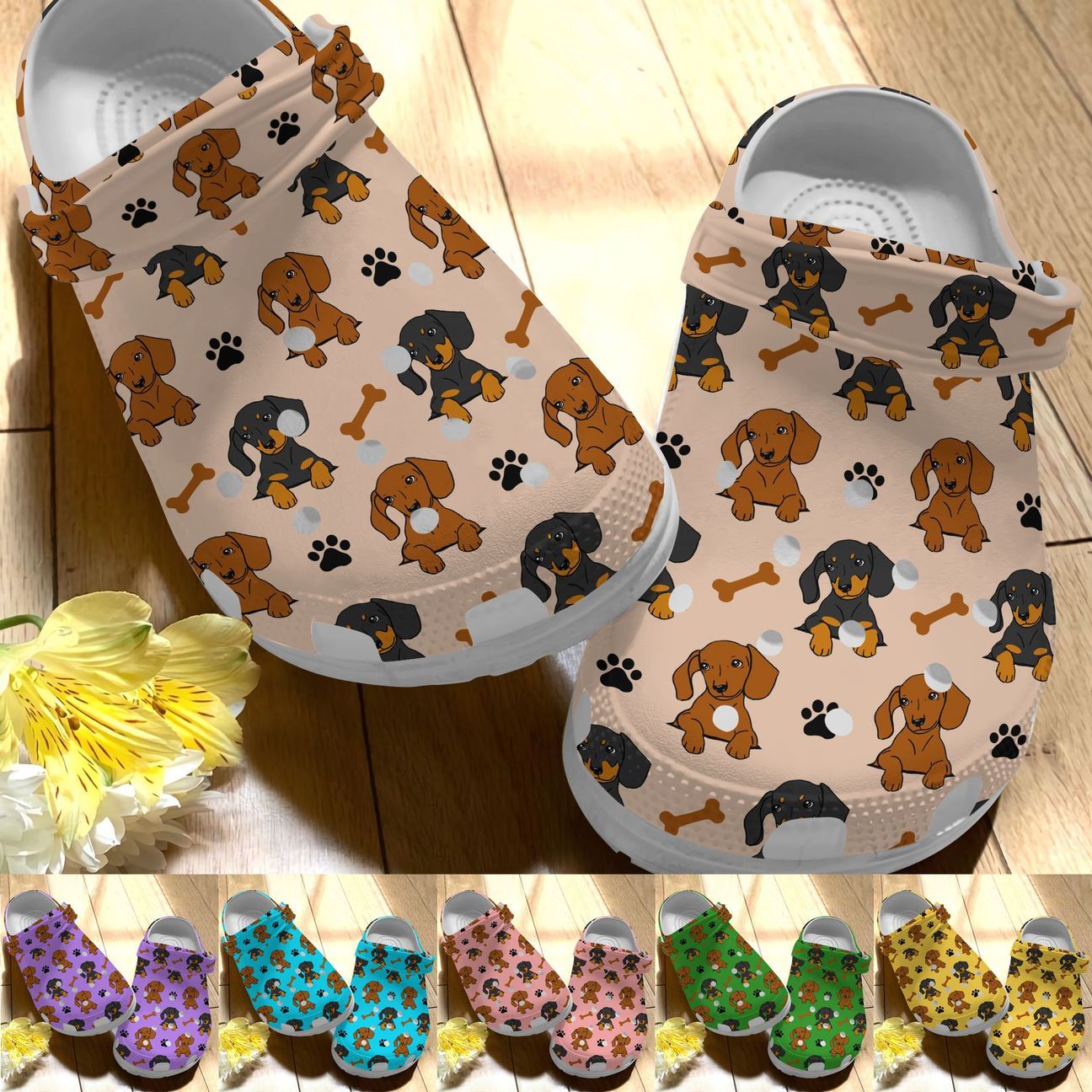 Dachshund Personalize Clog, Custom Name, Text, Fashion Style For Women, Men, Kid, Print 3D Whitesole Cute Dachshunds V2