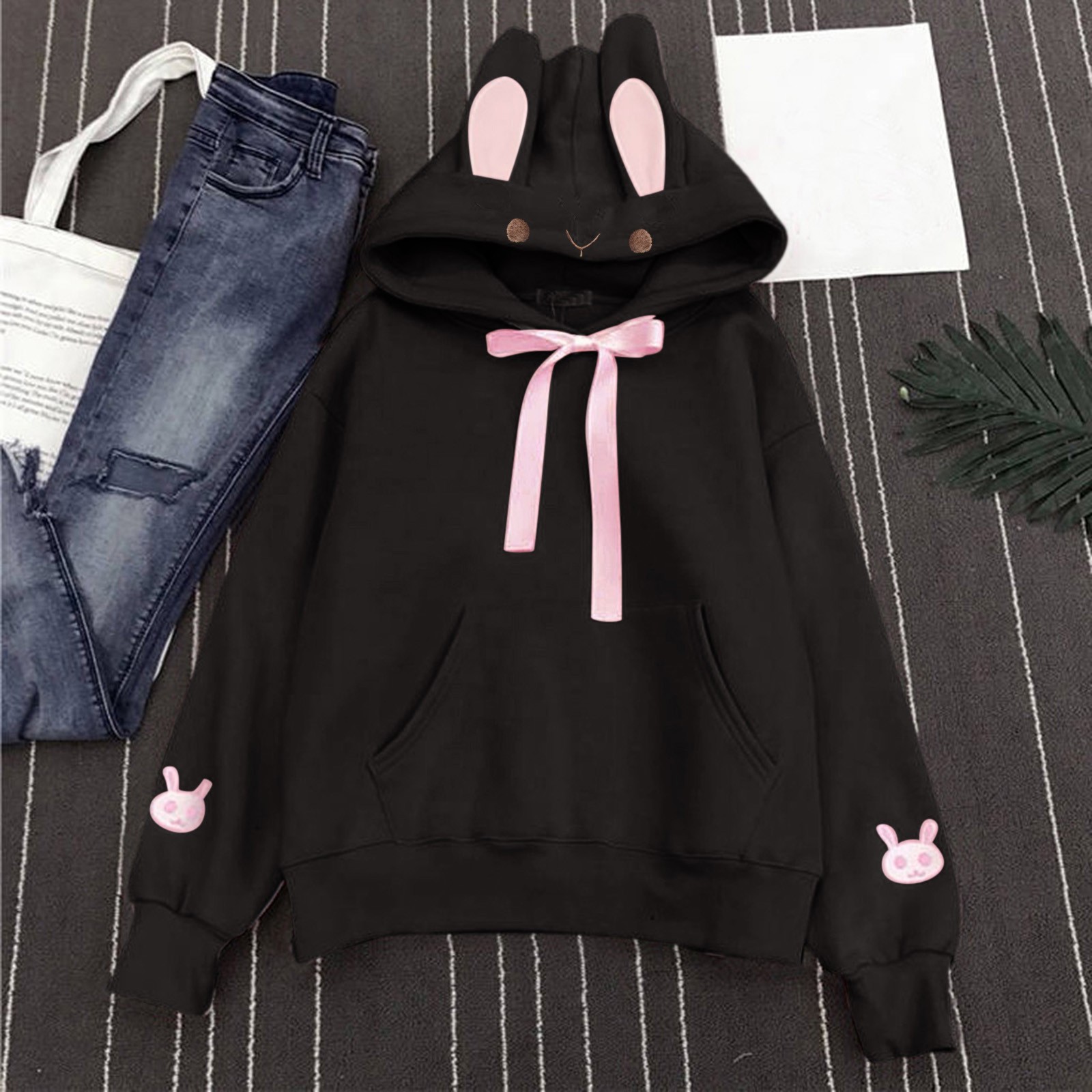 Kawaii Women Rabbit Ears Hoodies Japanese Girls Fall Winter Fleece Soft Cute Cartoon Hooded Oversized Sweatshirts Hoody Top alx