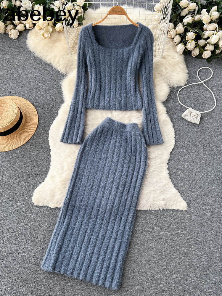 Women Gentle Knitted Two Pieces Suits Soft Sweater Short Top+High Waist Midi Long Skirt Suits Elastic Slim Winter Sets alx