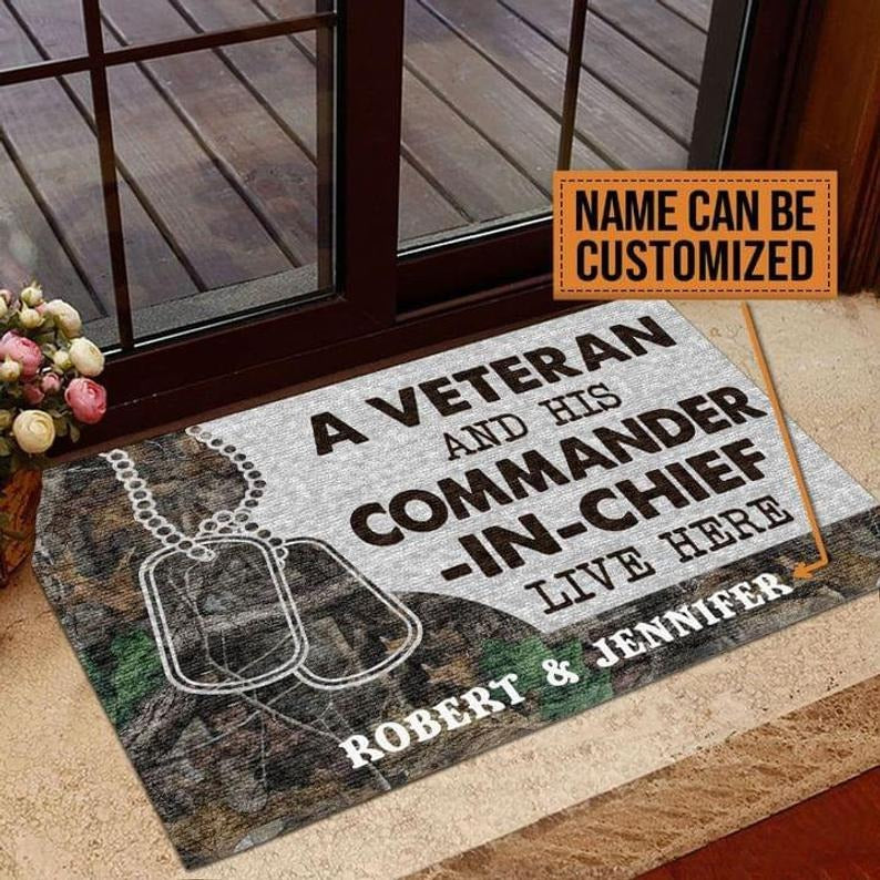 Personalized Veteran Welcome Rug, Veteran Days Decor, A Veteran And His Commander In Chief Live Here Doormat