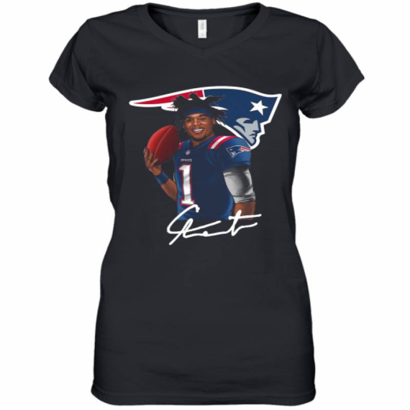 New England Patriots Cam Newton Signature Women's V-Neck T-Shirt