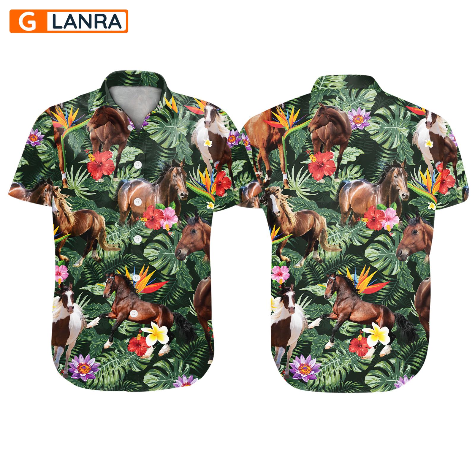 Horse Tropical Leaves Flower Button Shirt, Horse Farm Button Shirt, Summer Horse Hawaiian Shirt, Horse Leaf Hawaiian Shirt, Summer Tropical Shirt