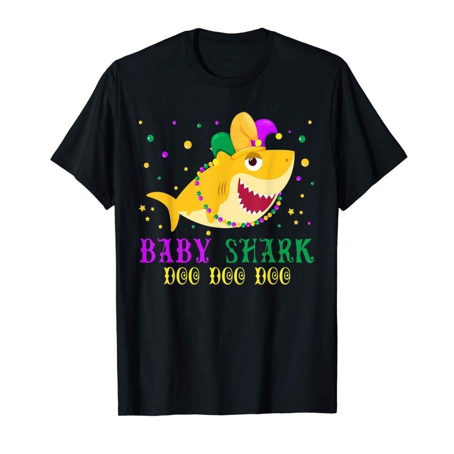 Baby Shark Doo Doo Jester Hat And Mardi Gras Beads T-Shirt