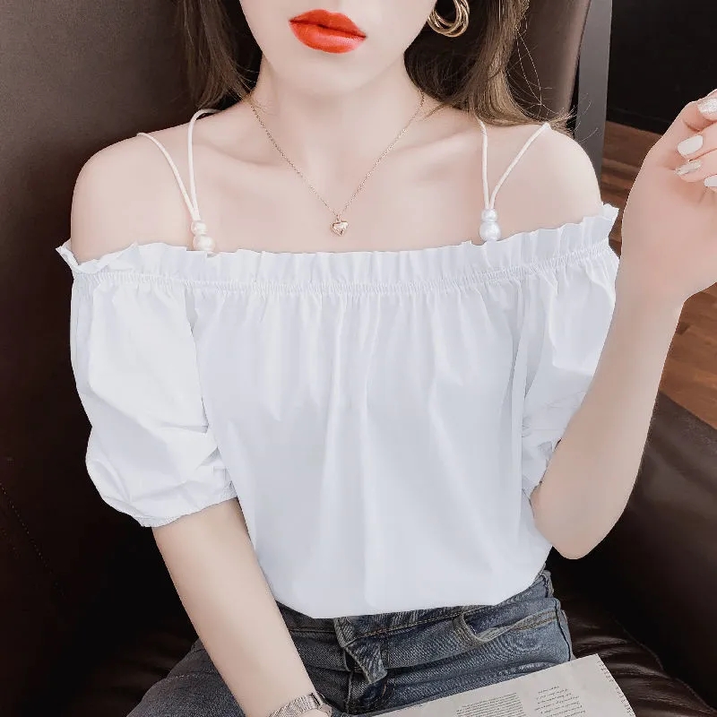 Women Shirts Blouses Cold Shoulder Tops Woman Tshirts Lantern Sleeve Women’s Blouse with Open Shoulders White Blouse alx