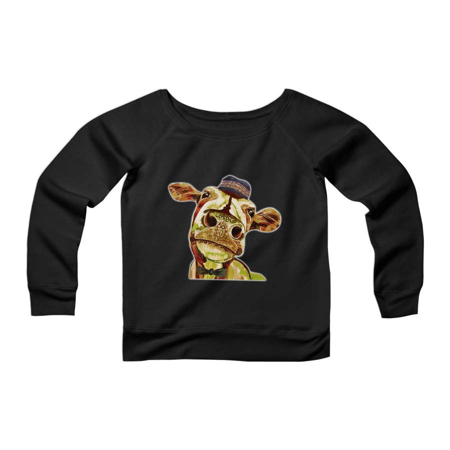 Vintage Cow Dictionary Art Farm Animal Gift For Farmer With Suit And Hat Funny CPY Womans Wide Neck Sweatshirt Sweater