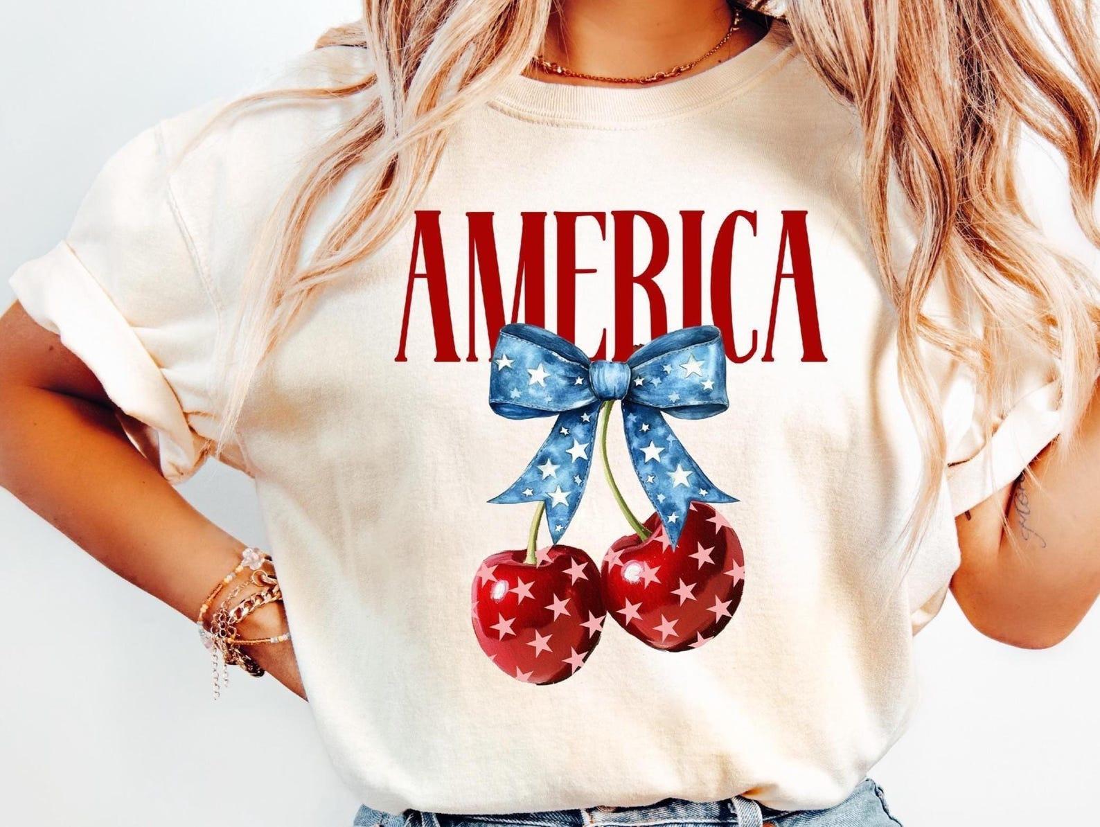 America Cherry Shirt, 4th of July Graphic Tee, Patriotic Bow T-Shirt, USA Summer Shirt, Vintage July 4th Tee
