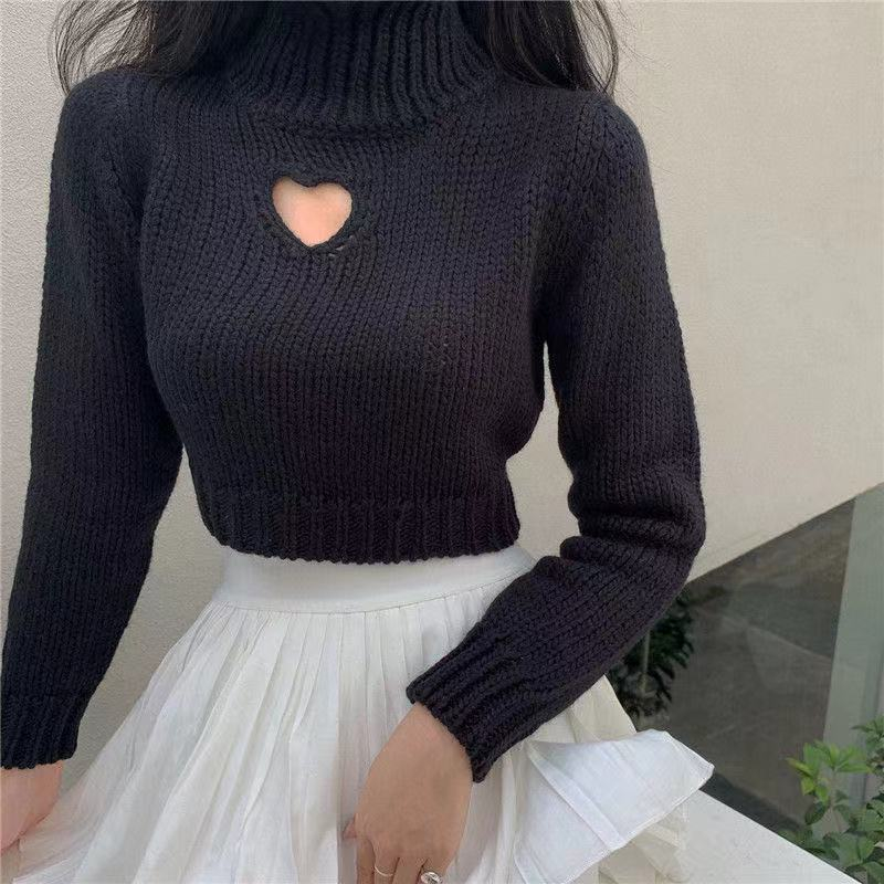 Sweater Turtleneck Women Autumn Winter Chic Heart-shaped Hollow Out Pullover Girl Sexy Long Sleeve Short Knitwear свитер женский alx