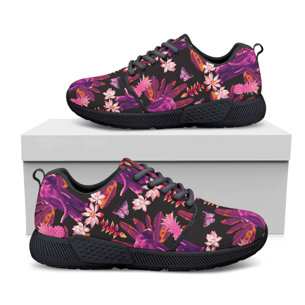 Purple Tropical Elephant Pattern Print Black Athletic Shoes