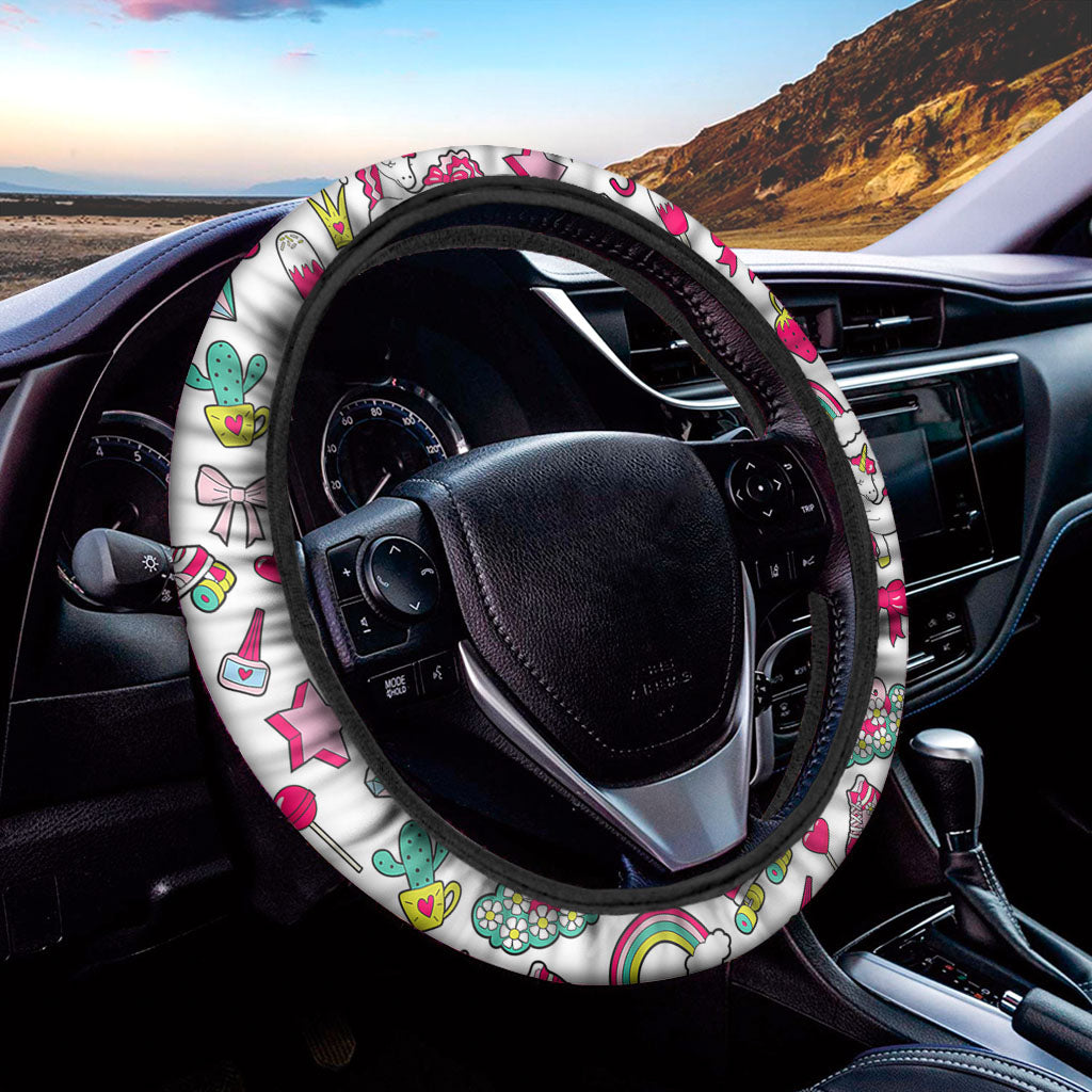 White Girly Unicorn Pattern Print Car Steering Wheel Cover