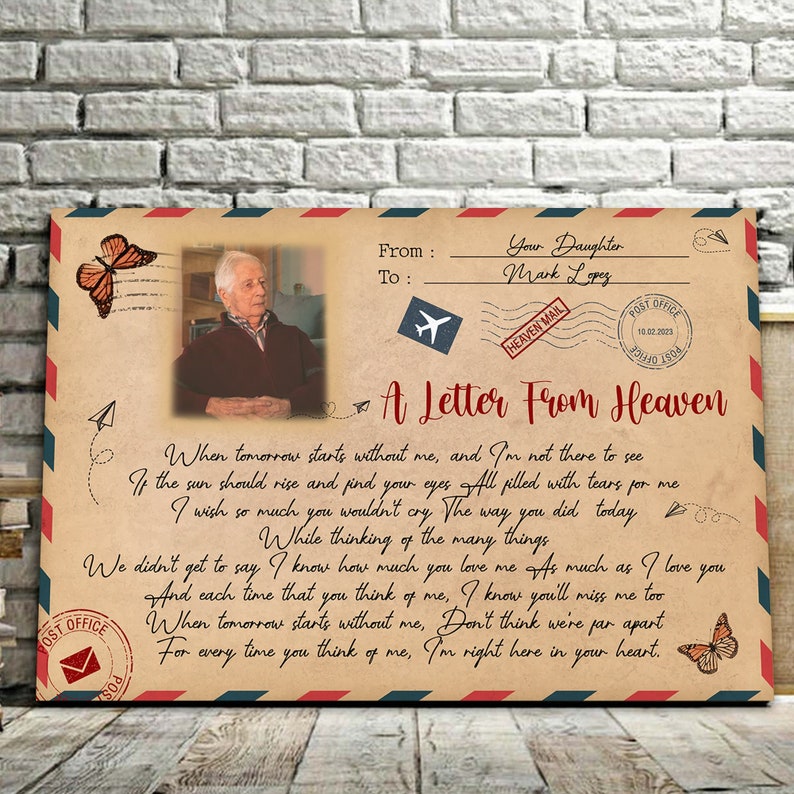 Photo Memorial Canvas For Loss Of Father, Heaven Mail A Letter From Heaven Remembrance Gift, In Loving Memory Keepsake Gifts, Funeral Gift