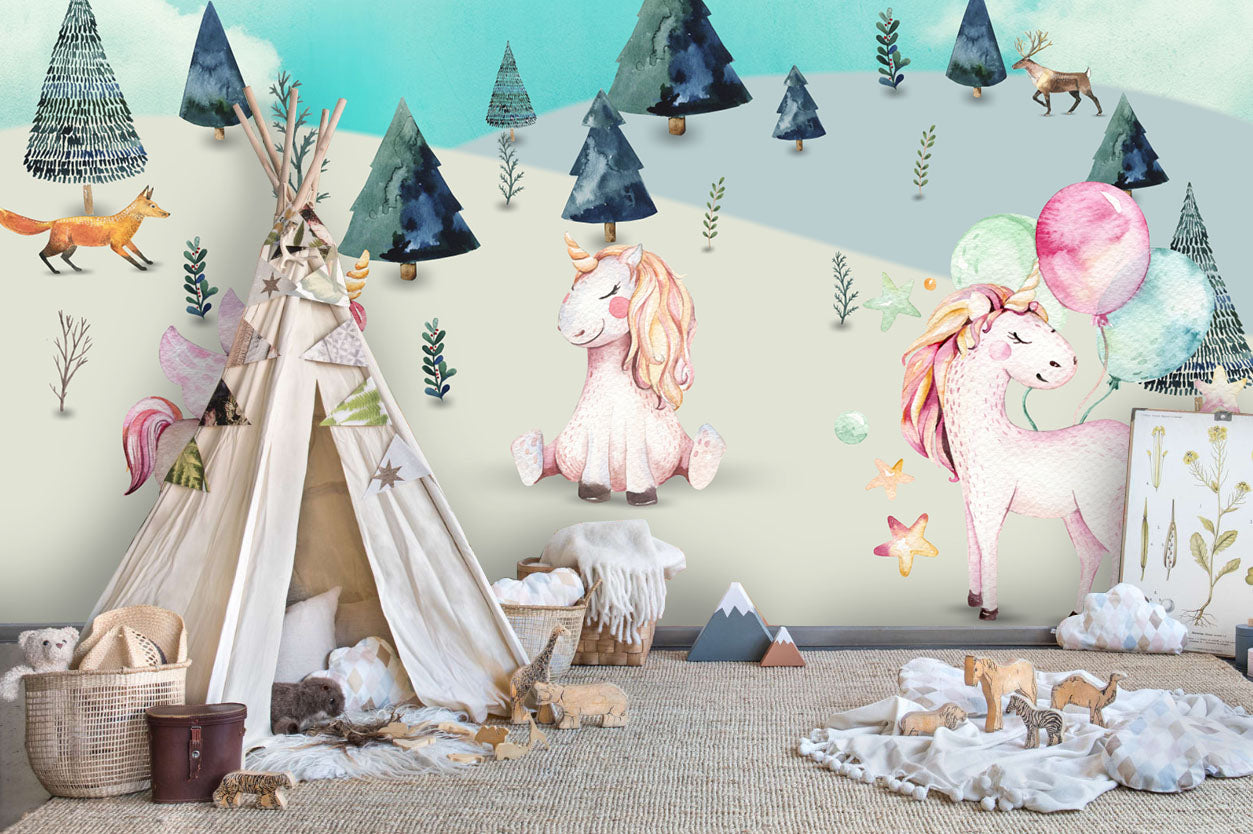 3D Cartoon Forest Unicorn Wall Mural Wallpaper 07