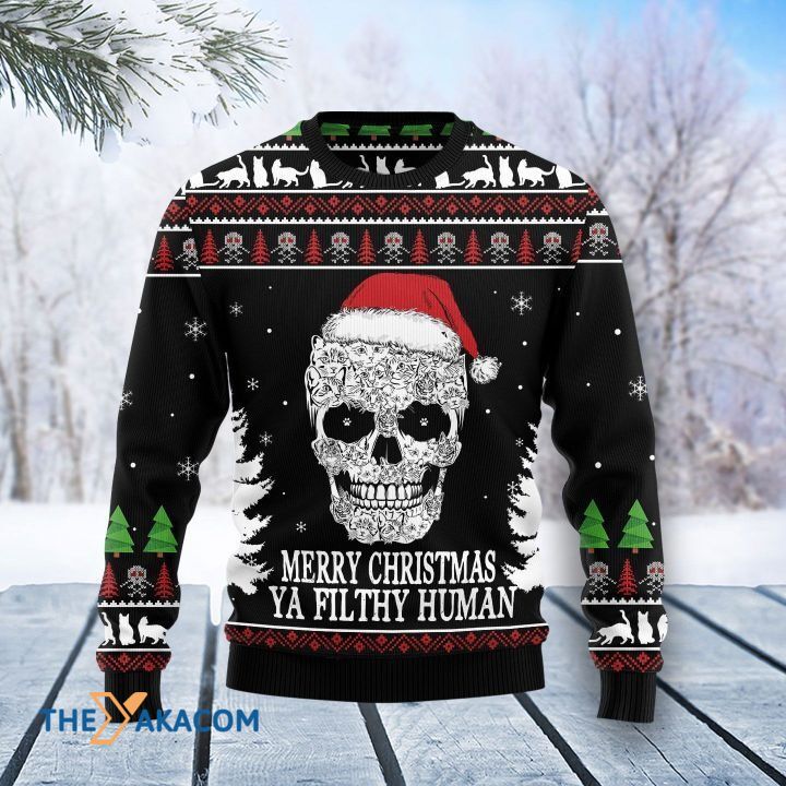 Scared Skull Merry Christmas Ya Filthy Human Gift For Christmas Ugly Christmas Sweater