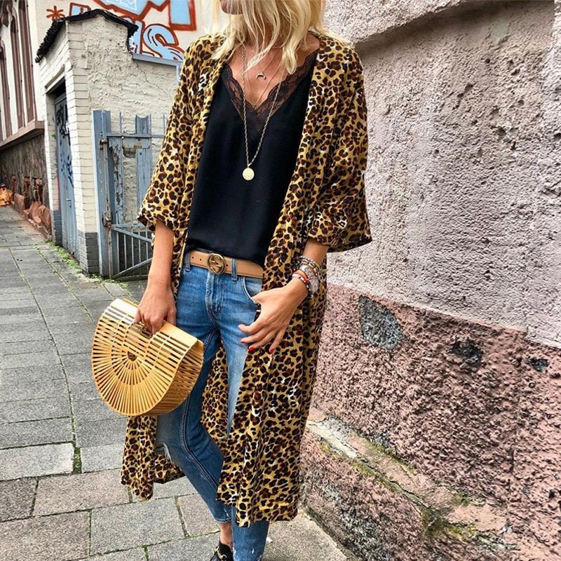 Boho Casual Shirt Loose Open Stitch Long Leopard Cardigan