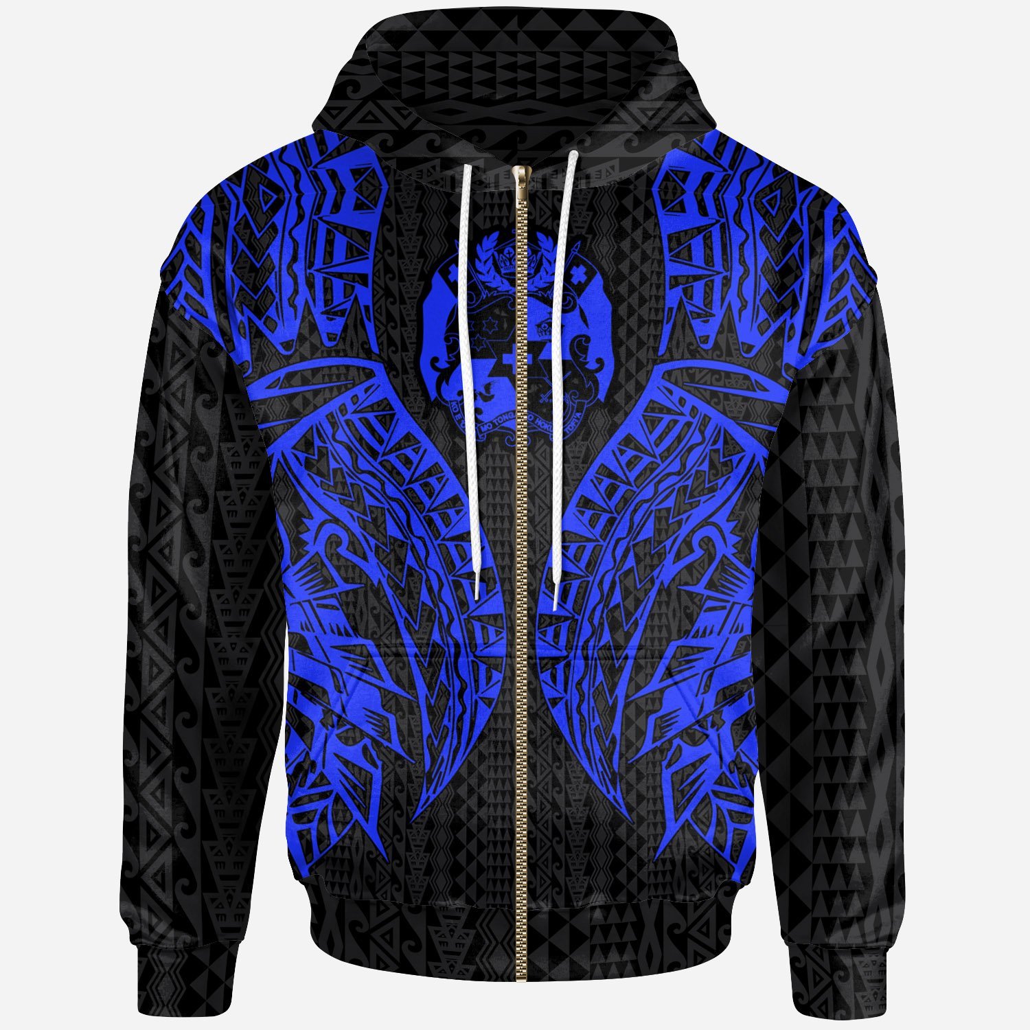 Tonga Zip-Up Hoodie – Polynesian Lion Head Blue Style – Pacific Print Hoodie