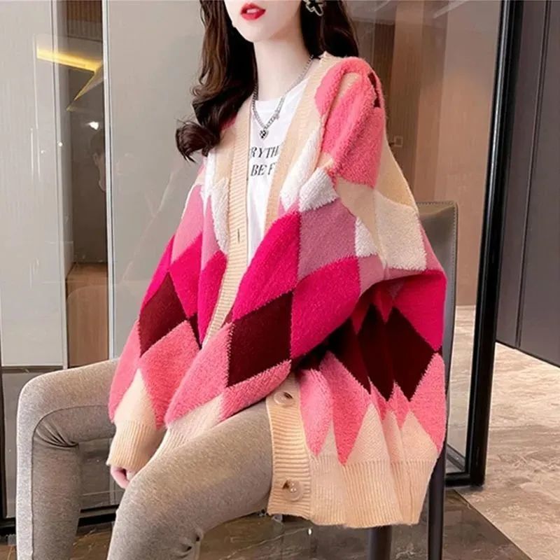 2022 Women’s Sweater Cardigan Knitted Coat V-neck Plaid Cardigan Sweater Thermal Sweater Korean Fashion Women’s Sweater alx