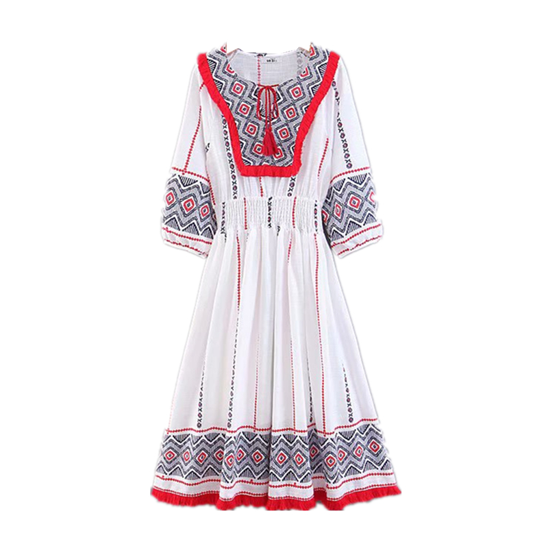 Boho Queens Linen Cotton Floral Embroidery Beach Bohemian Midi Sundress Ladies Tassel Summer Dress Vestidos alx