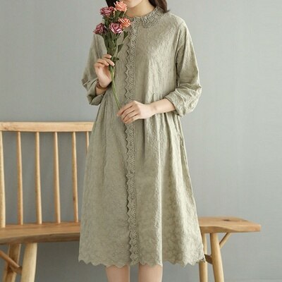 Autumn Full Embroidered Cotton Lace Collar Dress Long Sleeve Mori Girl Japanese Midi Dress Lolita Fairy Dress alx