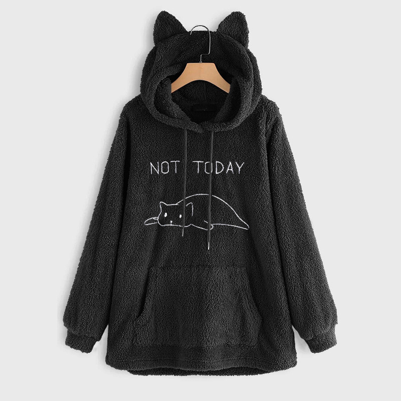 Casual Cat Ear Hooded Pullovers Women Hoodies Polyester Coat with Pocket 2022 Autumn Winter New Double-sided Plush Long Sleeve alx