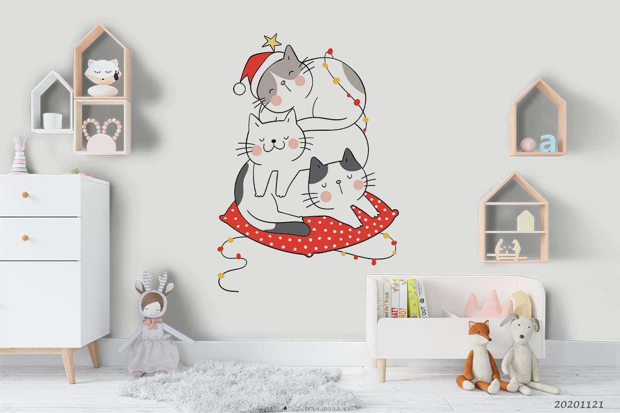 3D Cartoon Hand Drawn Red Pillow Cat Animal Pattern Wall Mural Wallpaper Lxl