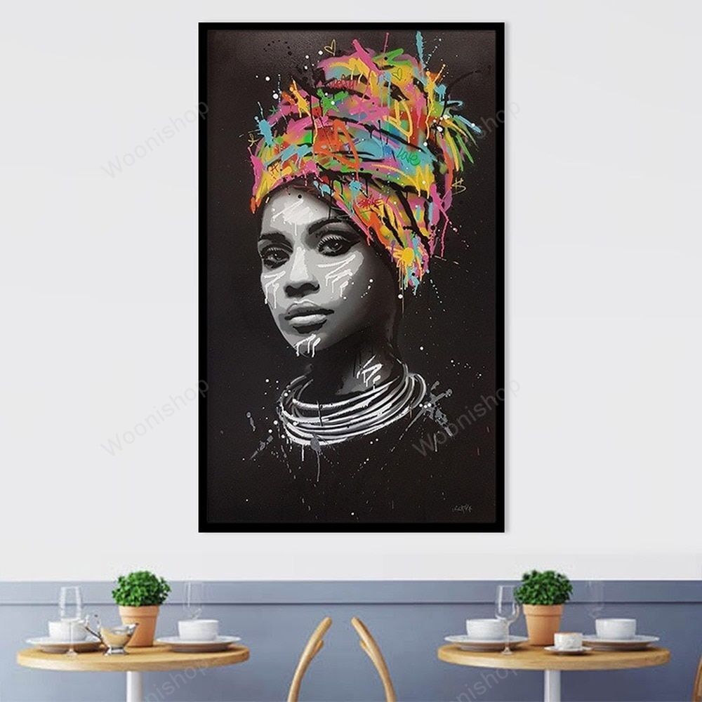 Creative Spray Graffiti Poster Colorful Headscarf African Woman Canvas Painting Living Room Porch Portrait Decoration Pictures