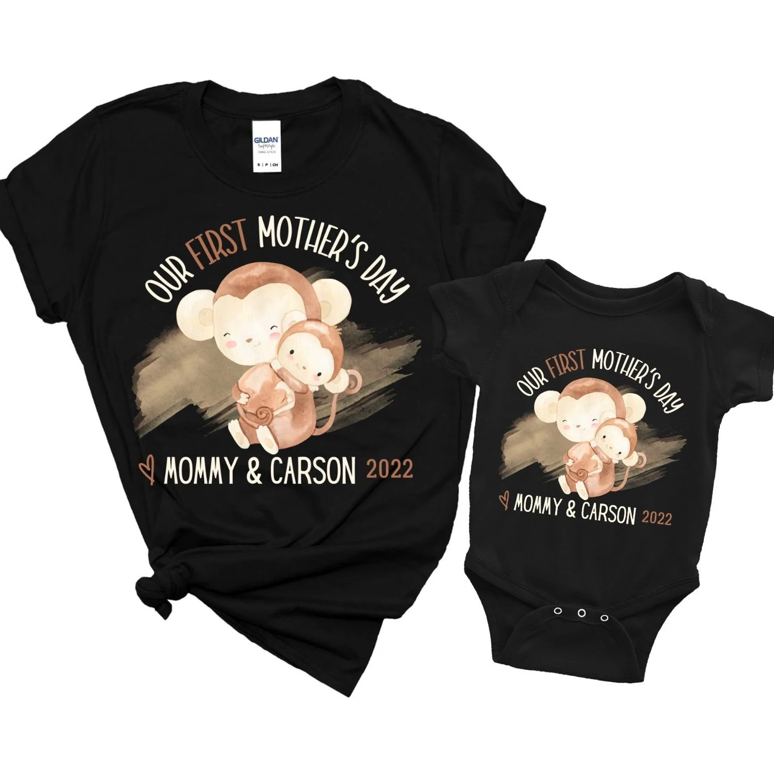 Personalized Matching T-Shirt & Baby Onesie Our First Mother’S Day Mommy And Baby Cute Monkey Printed Custom Name