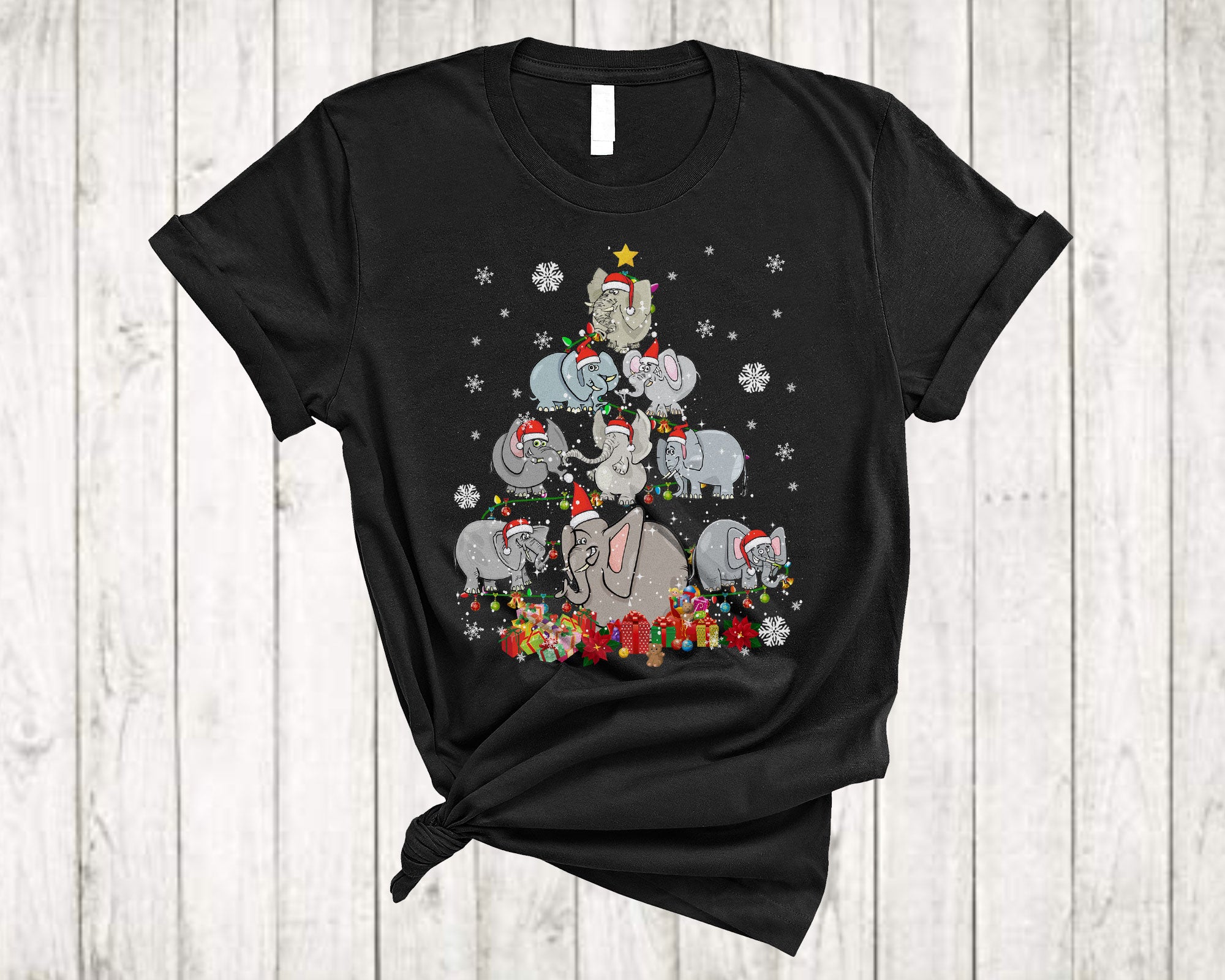 Santa Elephant Christmas Tree Cute Christmas Lights Santa Elephant On Tree Animal T-Shirt