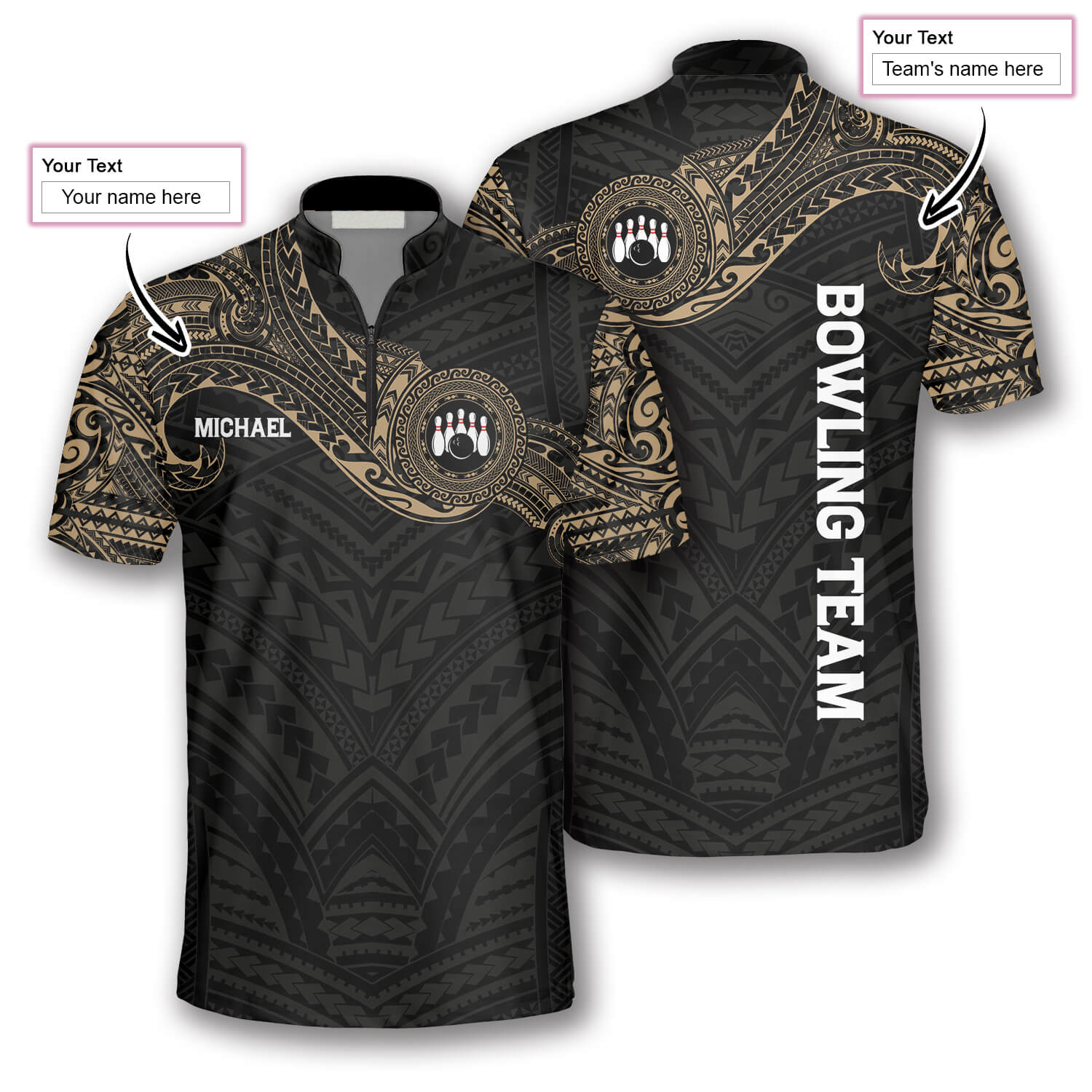 Golden Tribal Tattoo Custom Bowling Jerseys For Men, 3D All Over Print Bowling Shirt