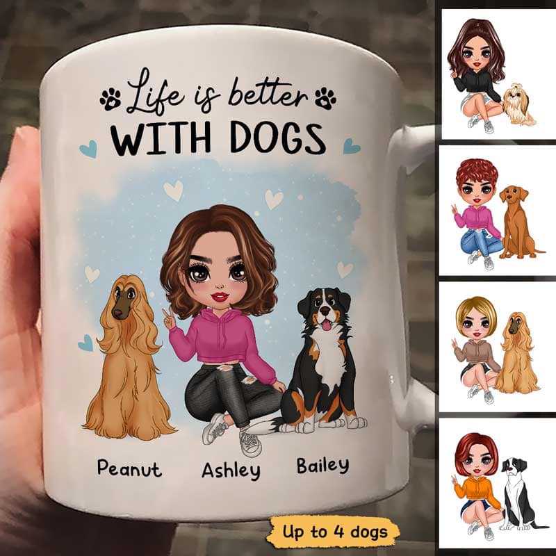 Blue Watercolor Doll Woman And Dogs Personalized Mug