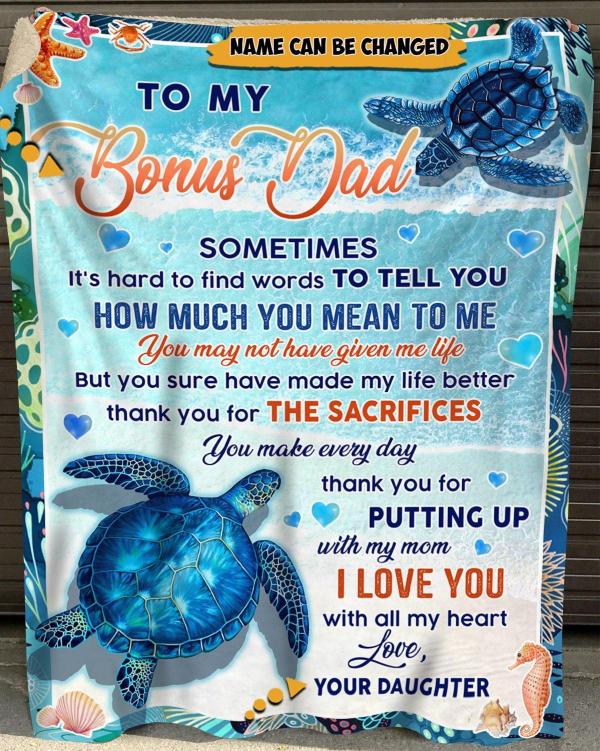 Personalized Turtle Blanket For Bonus Dad From Daughter, Gift For Stepdad