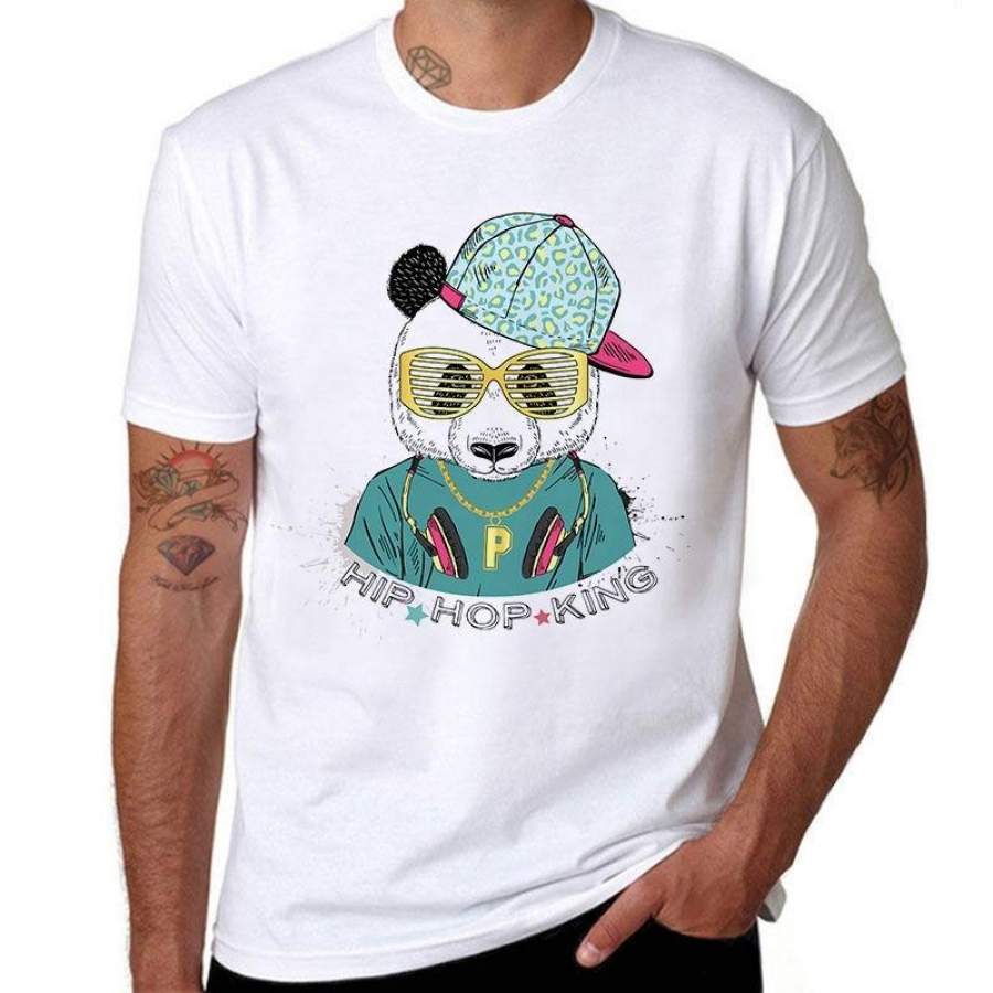 Panda Hip Hop Cotton Men Shirt Short Sleeve O Neck White T-Shirts Mens Fashion Casual T-Shirt Round Neck Short Sleeves T Shirt Cool Tops Clothing