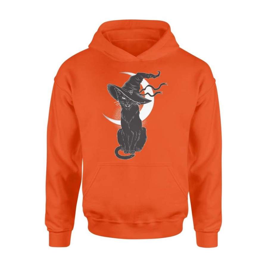 Vintage Scary Halloween Black Cat Costume Witch Hat & Moon Halloween Costume Graphic Design Digital Printed Shirt – Standard Hoodie
