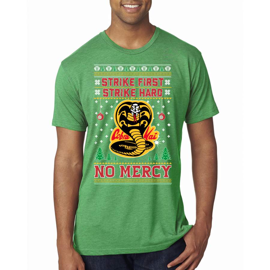 Strike First Strike Hard No Mercy Xmas Ugly Christmas Sweater Mens Premium Tri Blend T-Shirt