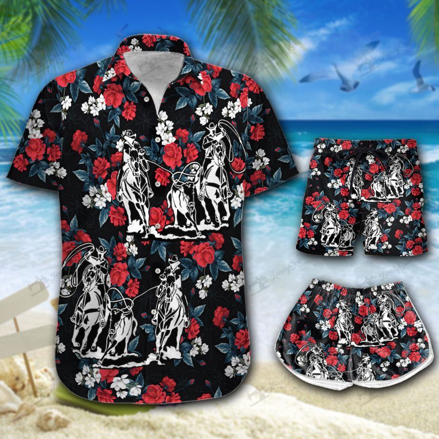 Team Roping Rose Red Hawaiian Shirt Shorts Ha80130