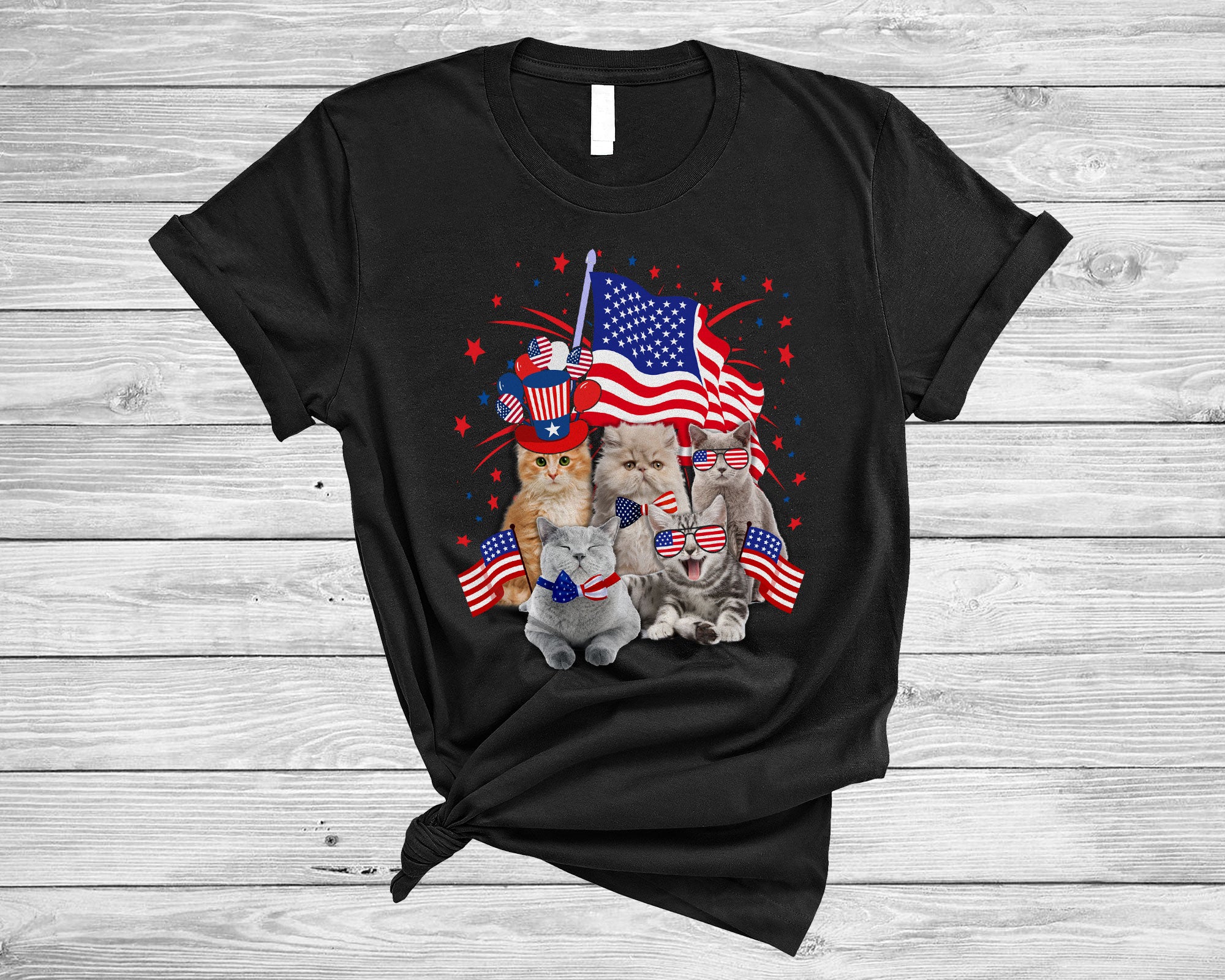 4Th Of July Cat Shirt Family Cat With American Flag Cute Family Cat Kitten Lover Patriotic T-Shirt