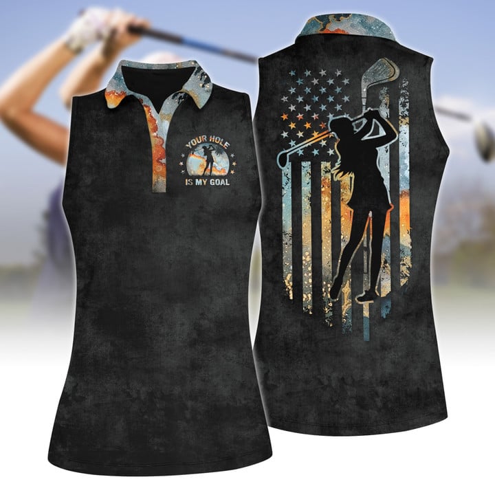 Your Hole Is My Goal Golf American Flag Women Polo Shirt Sleeveless Polo Shirt, Flag Golf Shirt