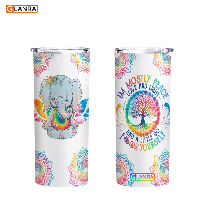 I’M Mostly Peace Love And Light And A Little Go Skinny Tumbler, Elephant Meditation Stainless Steel, Water Bottle, Glitter, Metal, Insulated, Tumbler