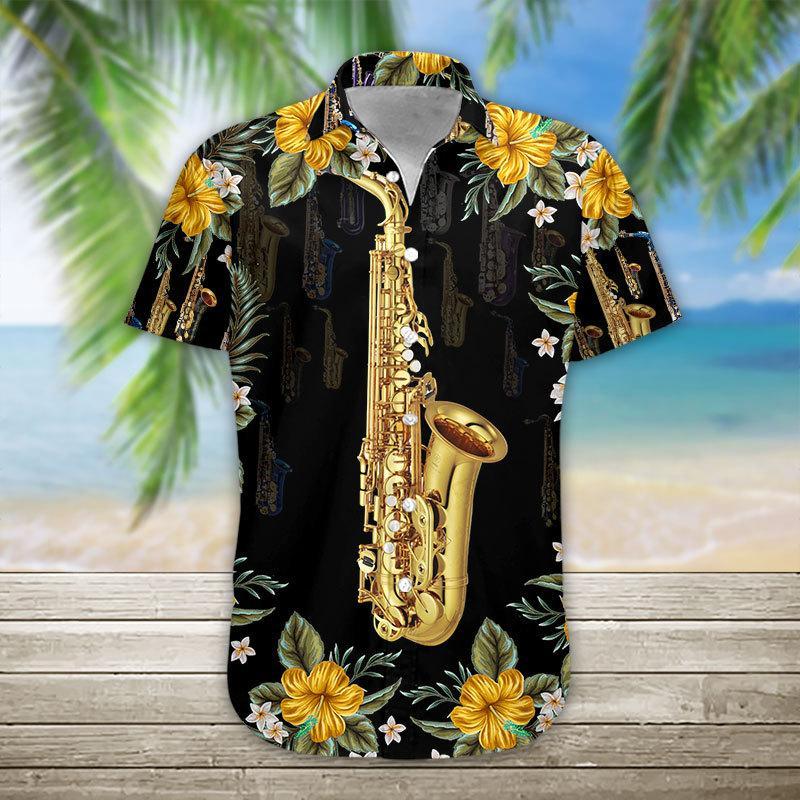 Tropical Saxophone Hawaiian Unisex Print Aloha Short Sleeve Casual Shirt Ha83979