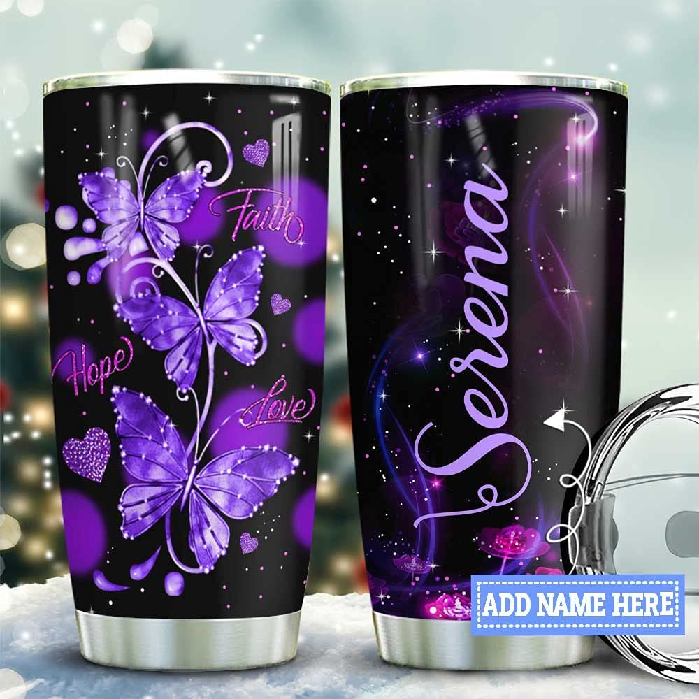 Personalized Stainless Steel Tumblers 20Oz, 30Oz With Lid – Purple Butterfly Faith Tumbler Cup With Lid, Double Wall Vacuum, Sporty Thermos Insulated, Gifts For Men & Women, Patrick Day Zdt1024