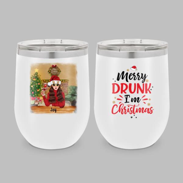 Personalized Wine Tumbler, Merry Drunk I’M Christmas, Girl Drinking Christmas Theme, Christmas Gift For Wine Lovers