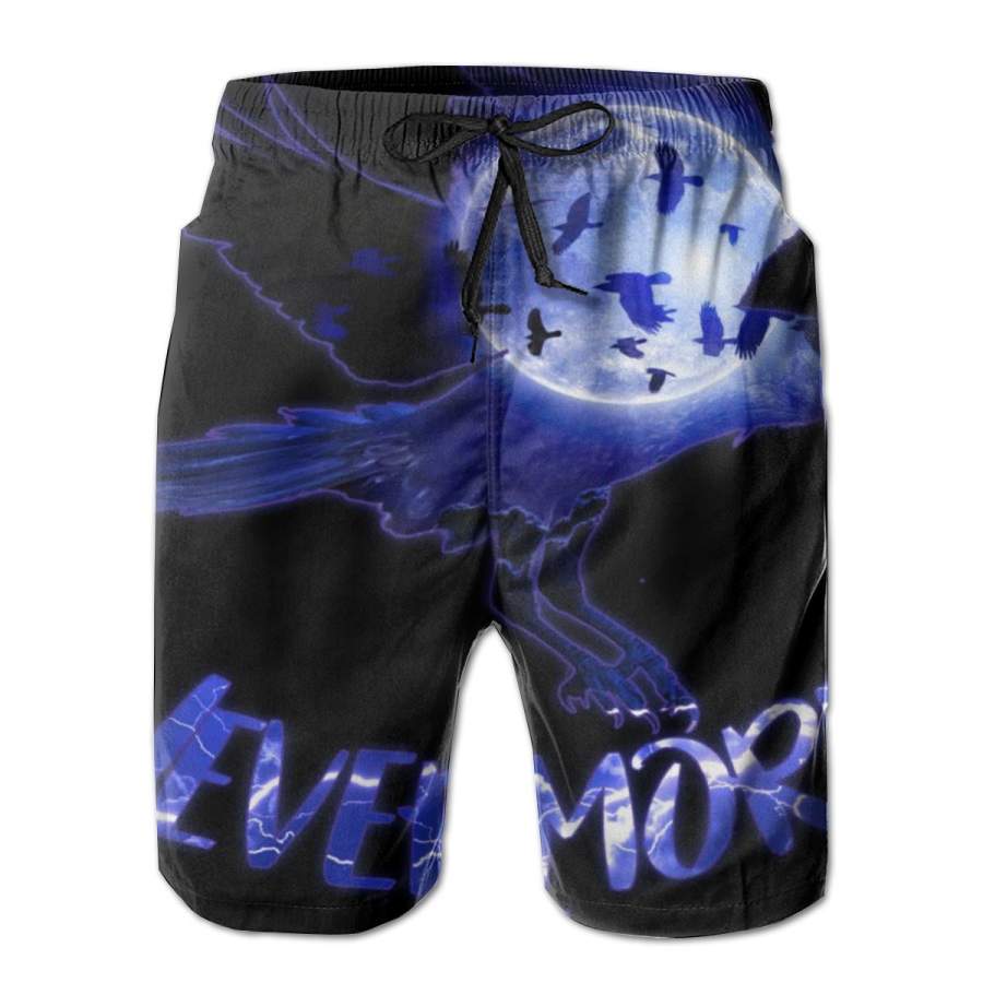 2 Pack Nevermore Raven Halloween Poster Men Swim Trunks Drawstring Elastic Waist Quick Dry Beach Shorts with Mesh Lining Swimwear Bathing Suits