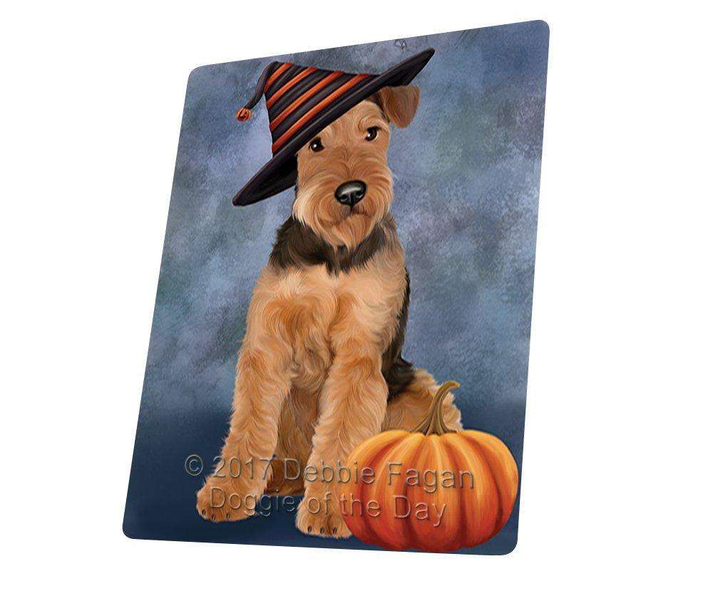 Happy Halloween Airedale Dog Wearing Witch Hat With Pumpkin Art Portrait Print Woven Throw Sherpa Plush Fleece Blanket D004