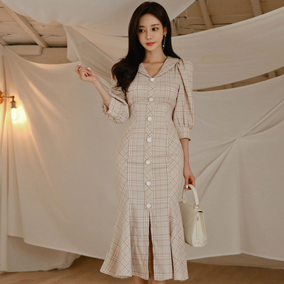 A GIRLS Fashion women new arrival elegant ruffles cute formal dress vintage party sexy slim plaid fresh cute lovely trumpet alx