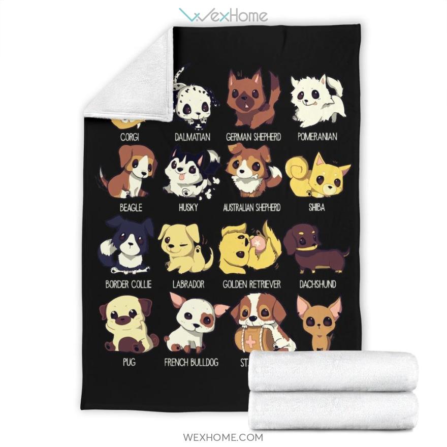 Cute Chibi Dog Breeds Black Premium Blanket Dog Lovers Blanket