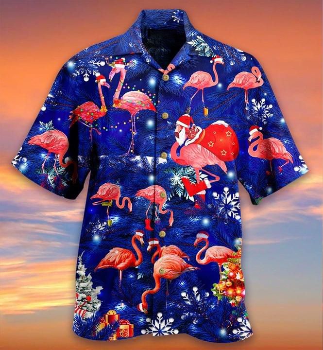 Flamingo Merry Christmas Print Short Sleeve Hawaii Casual Shirt Ha37234