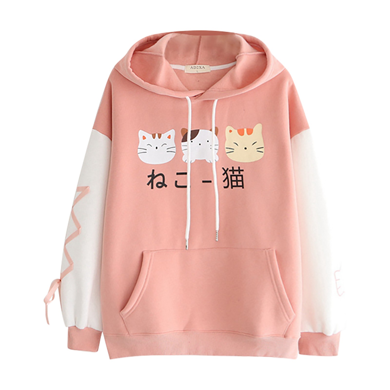 Women Hooded Cat Cute Cotton Sleeve Tops Blouse Sweatshirt толстовка Bandage Adjustable hat drawstring Student sweater Korean F4 alx