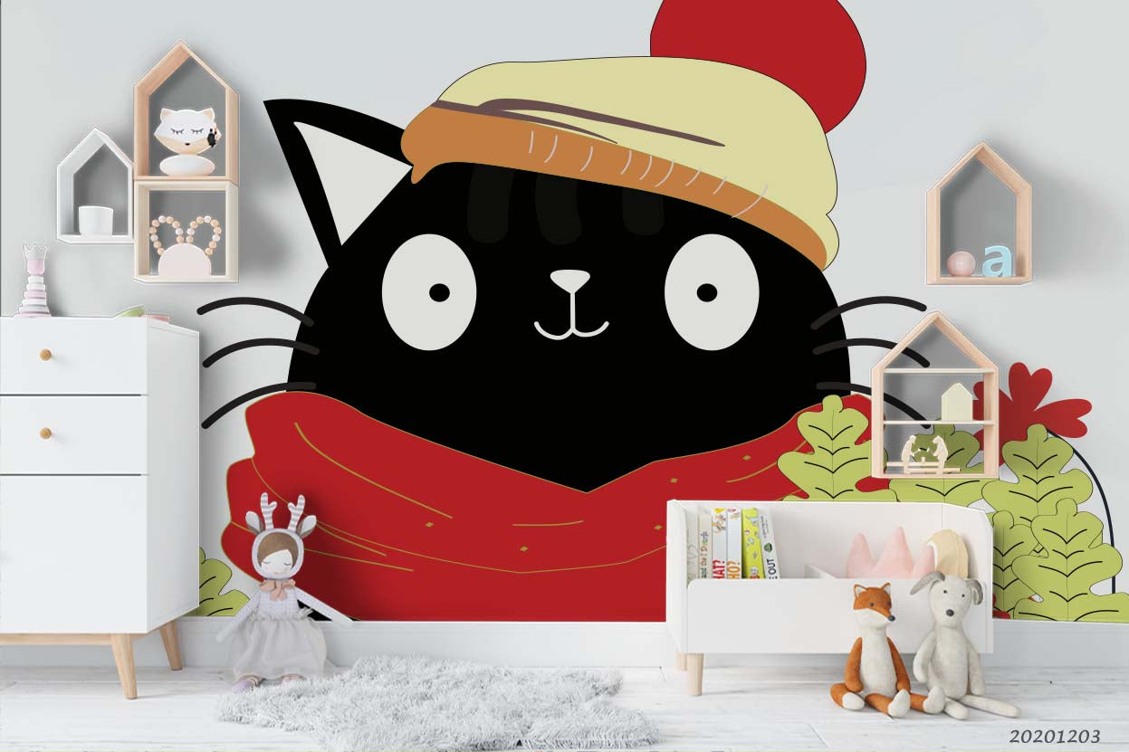 3D Cartoon Scarf Hat Black Cat Animal Wall Mural Wallpaper Lxl