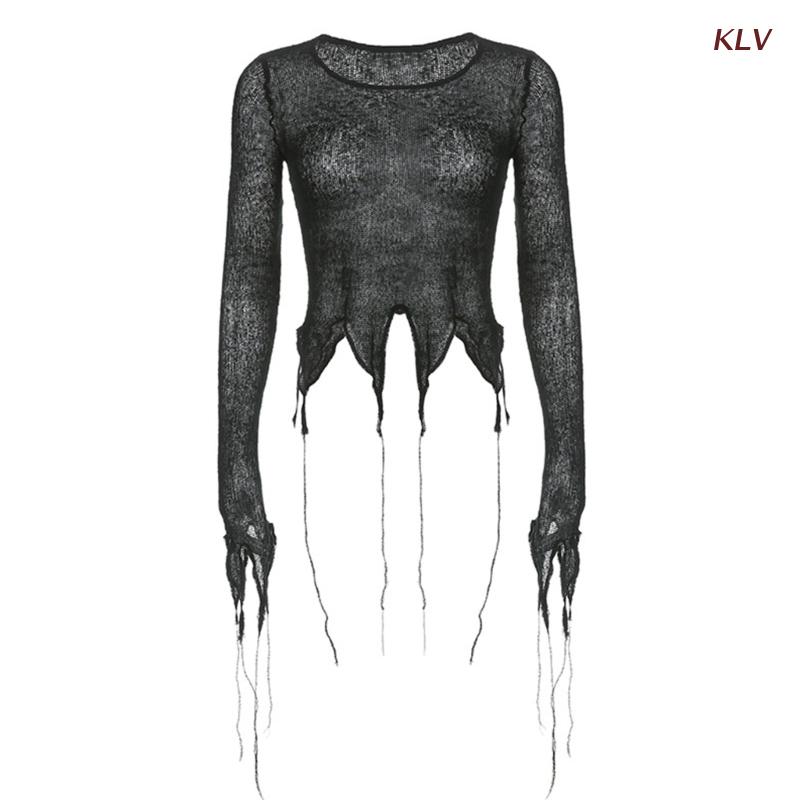 Women See Through Sweater Top Long Sleeve Perspective Black Shirts Sheer Blouse Knitted Tassel Trim Slim Streetwear 6XDA alx